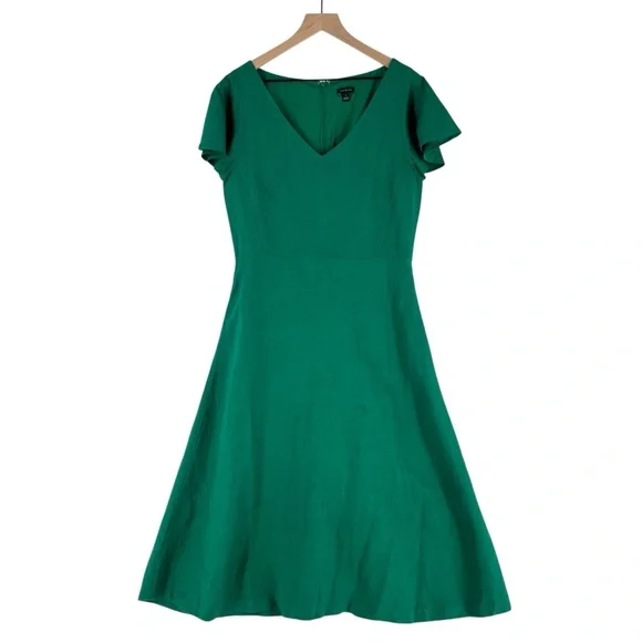 Ann Taylor Green Flutter Sleeve Linen Blend Midi Dress V-Neck Size 6